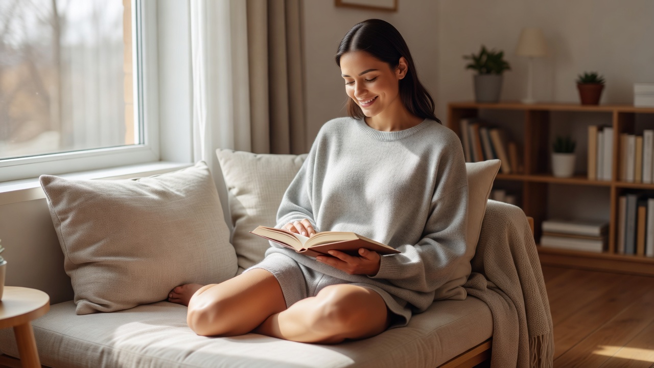 窓辺で読書をする女性